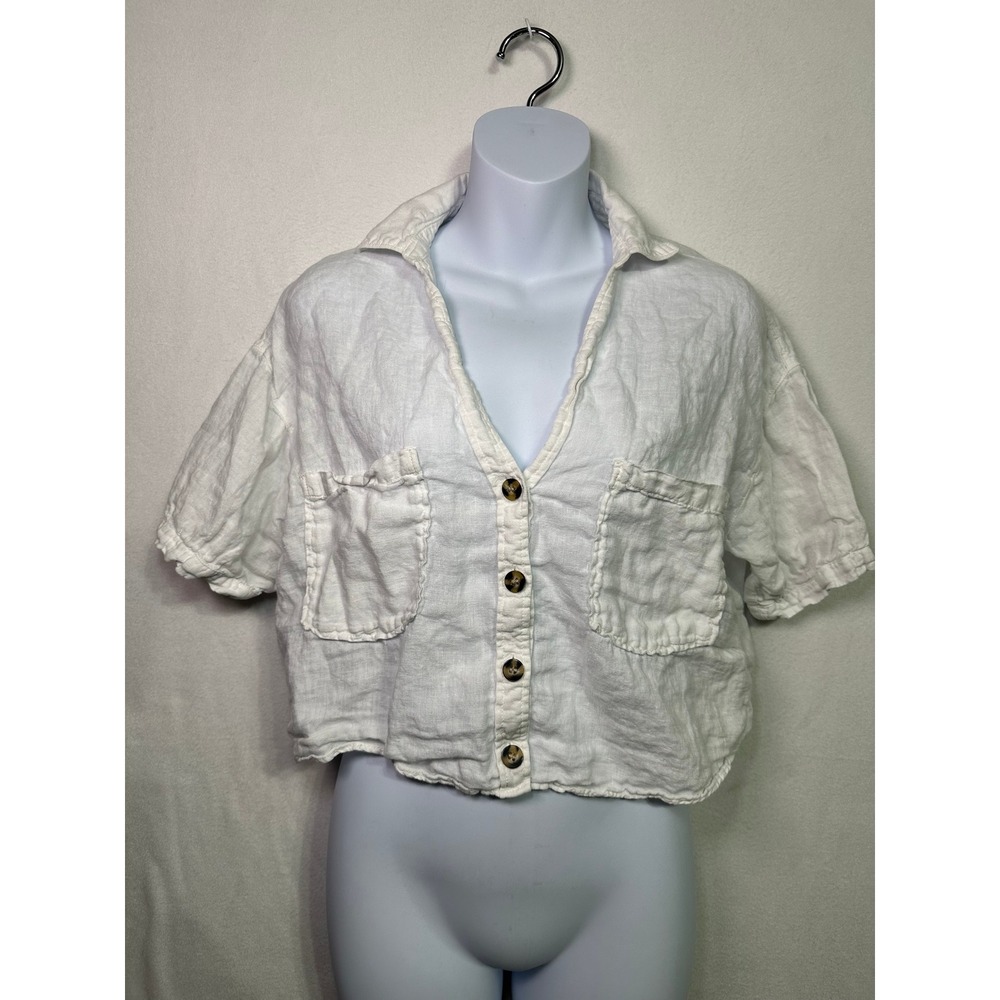 Zara White Linen Blend Cropped Button Up Shirt Short Sleeve Womens XS